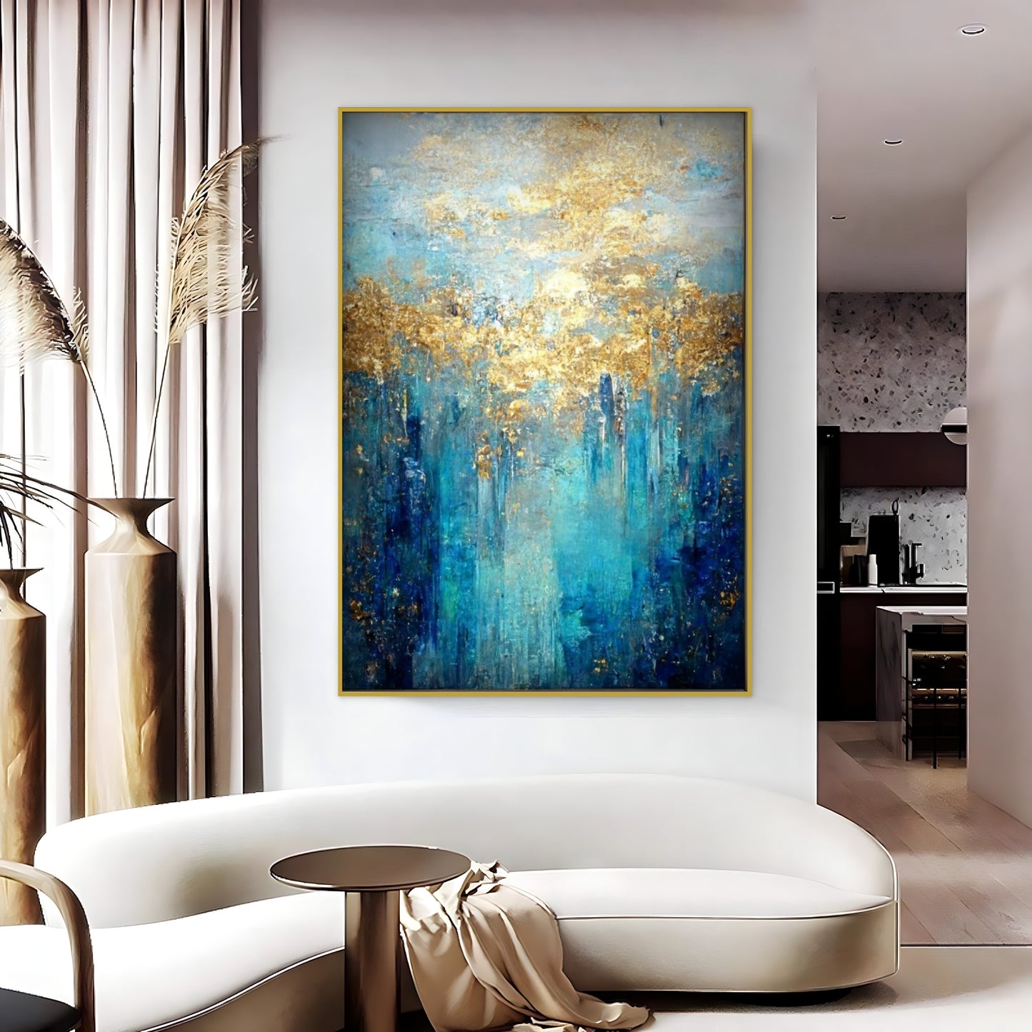 Cuadro Pintado a Mano textura , abstracto turquesa , dorado y grises 2