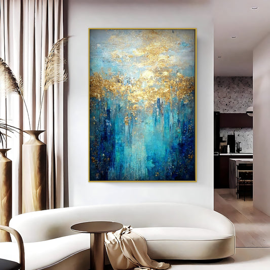 Cuadro Pintado a Mano textura , abstracto turquesa , dorado y grises 2