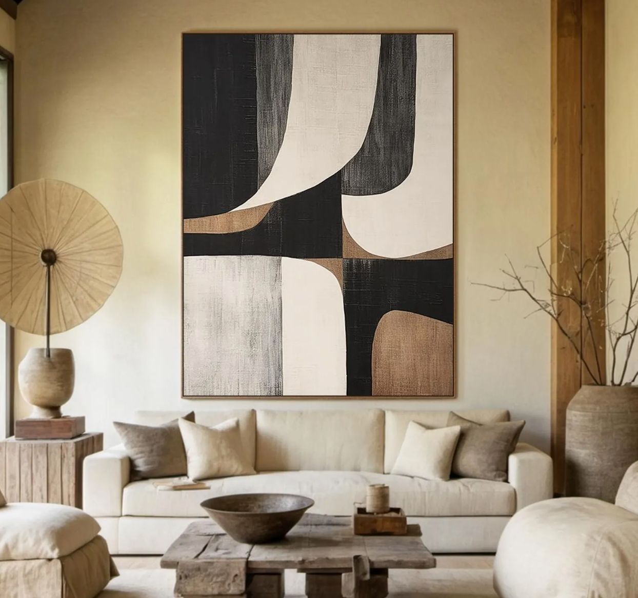 Cuadro Pintado a Mano Oleo , abstracto geométricos Blancos y Negros y tono tierra