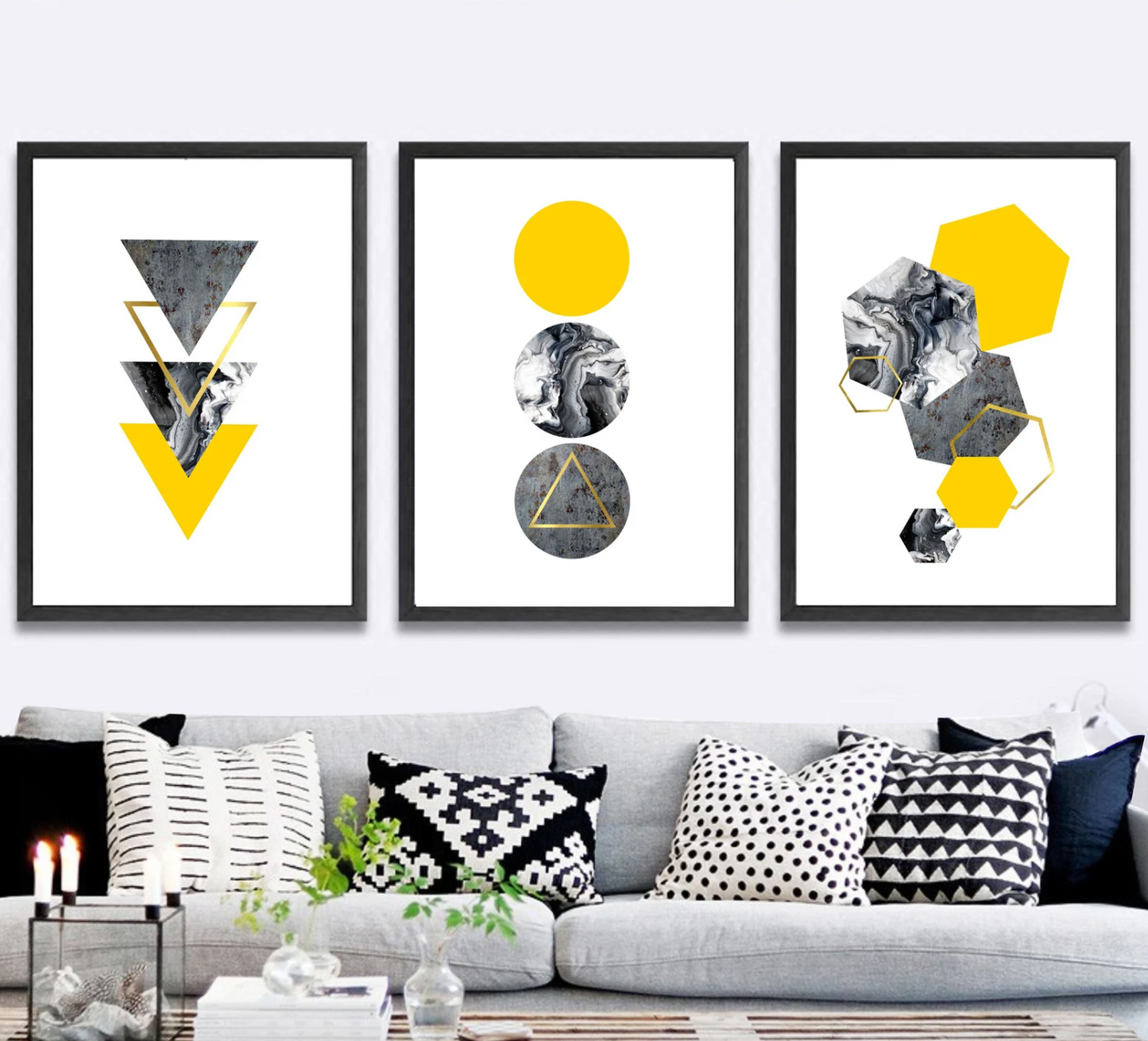 Set 3 Cuadros abstractos Nordicos, Amarillos