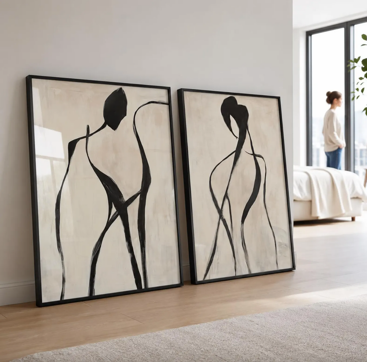 Set 2 Cuadros Abstractos Siluetas, Beige y negros