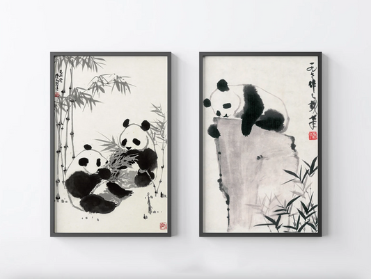 Set 2 Cuadros Asiaticos , Animales Pandas