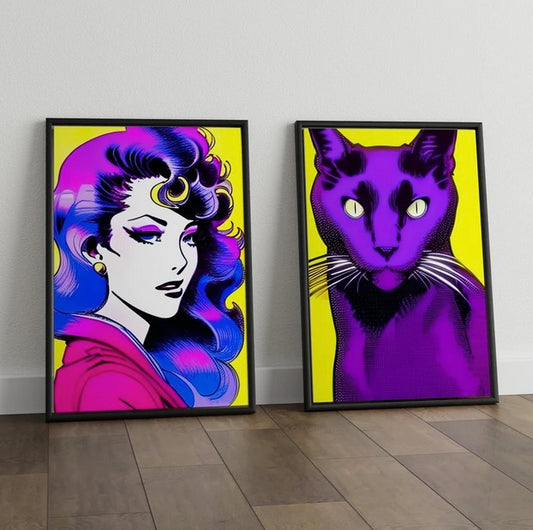 Set 2 Cuadros pop art , gato  y modelo