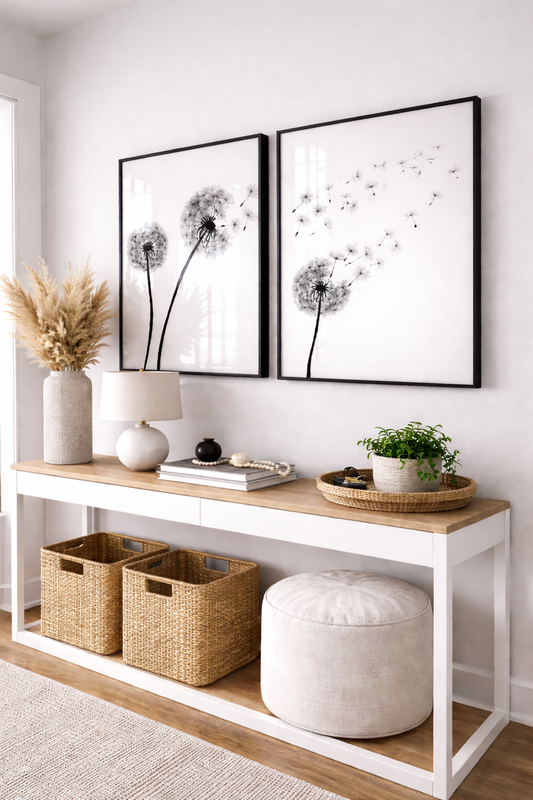 set 2 Cuadros botanico diente de leon,  blanco y negro