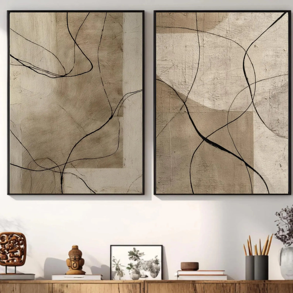 Set 2  Cuadros abstractos , beige y negros